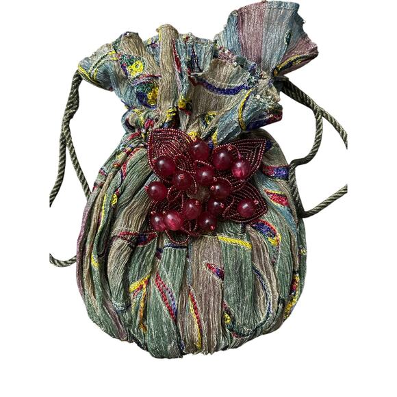 Vintage Mary Frances 9” Silk Drawstring Crossbody Pullstring Bag Beaded Bottom - Picture 1 of 4